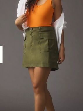 Anthropologie Green Mini Cargo Skirt Size Large Pockets Army Chic
